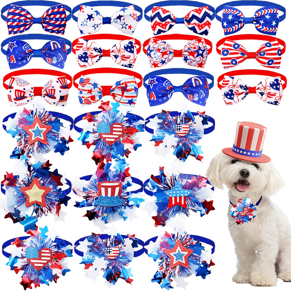 TEMU 20pcs Dog Bow Ties & Adjustable Collars - Patriotic American Flag Print With Stars, Fireworks & Top Hat Design, Pet Grooming Accessories For