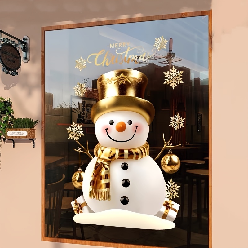 1st Klassieke Sneeuwpop Kerstraamstickers - Dubbelzijdige Elektrostatische Glassticker met Gouden Hoed & Sjaal, Feestelijke Kerstdecoratie voor Thuis & Winkels, Buiten Kerstversieringen
