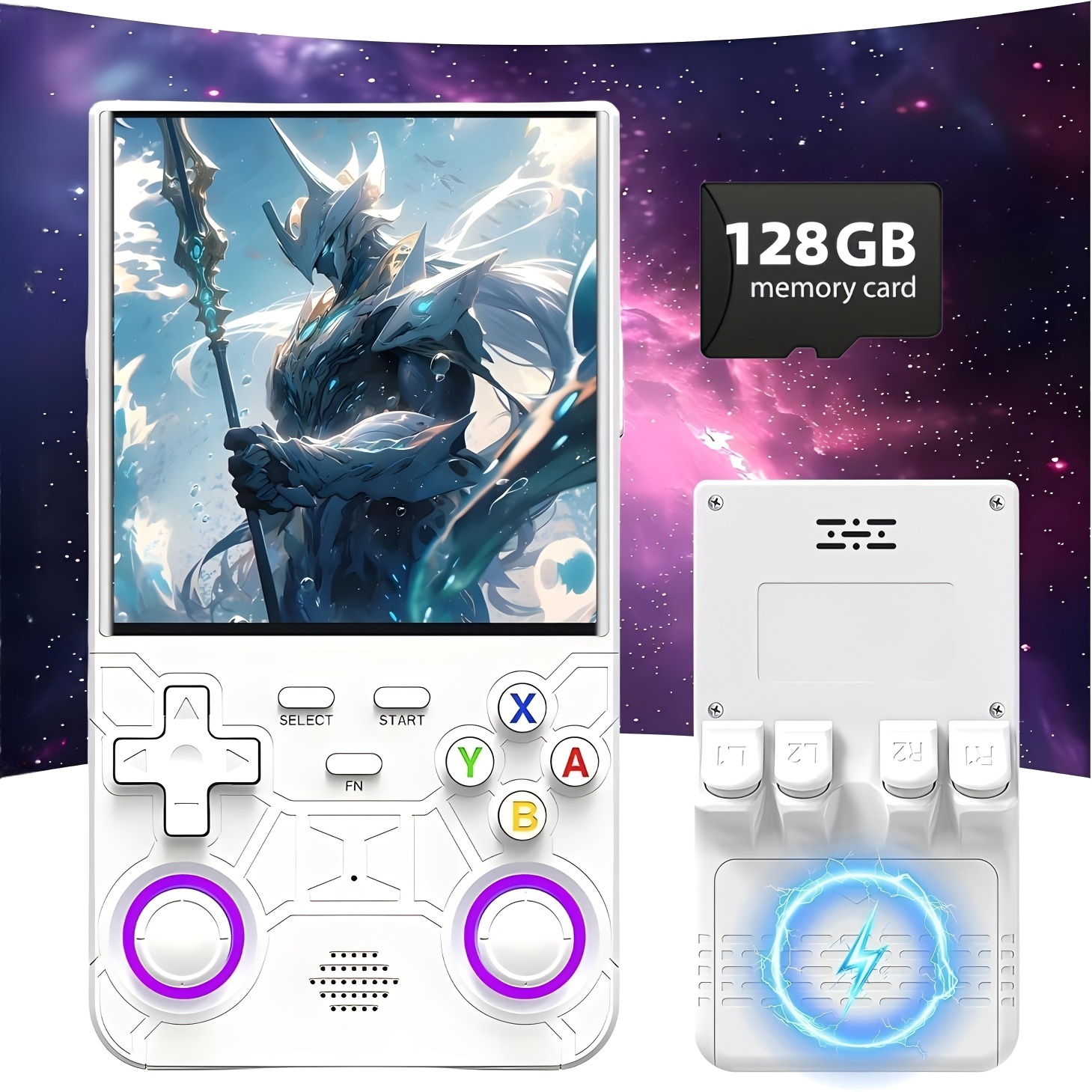 FETIOST R36 Ultra Handheld Game Console - 4-inch HD Screen, 64GB/128GB Storage, 3500mAh Battery, 10+ Emulators (PS2/PS1/N64/GBA/PSP/PC/), Dual 3D Joysticks, Portable Gaming System for PC-Free Play (White/Purple/Blue/Black)