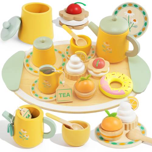 wooden tea set for play kitchen accessories tea party set for little girls wooden toys for 3 4 5 6 year old kids role play kitchen playset