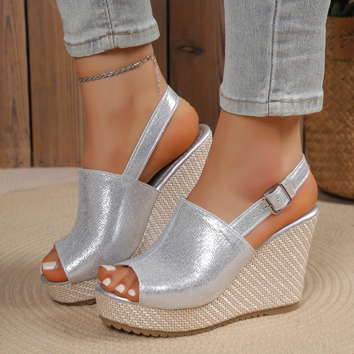 sandales compensées à semelle épaisse femmes bride argentée Temu