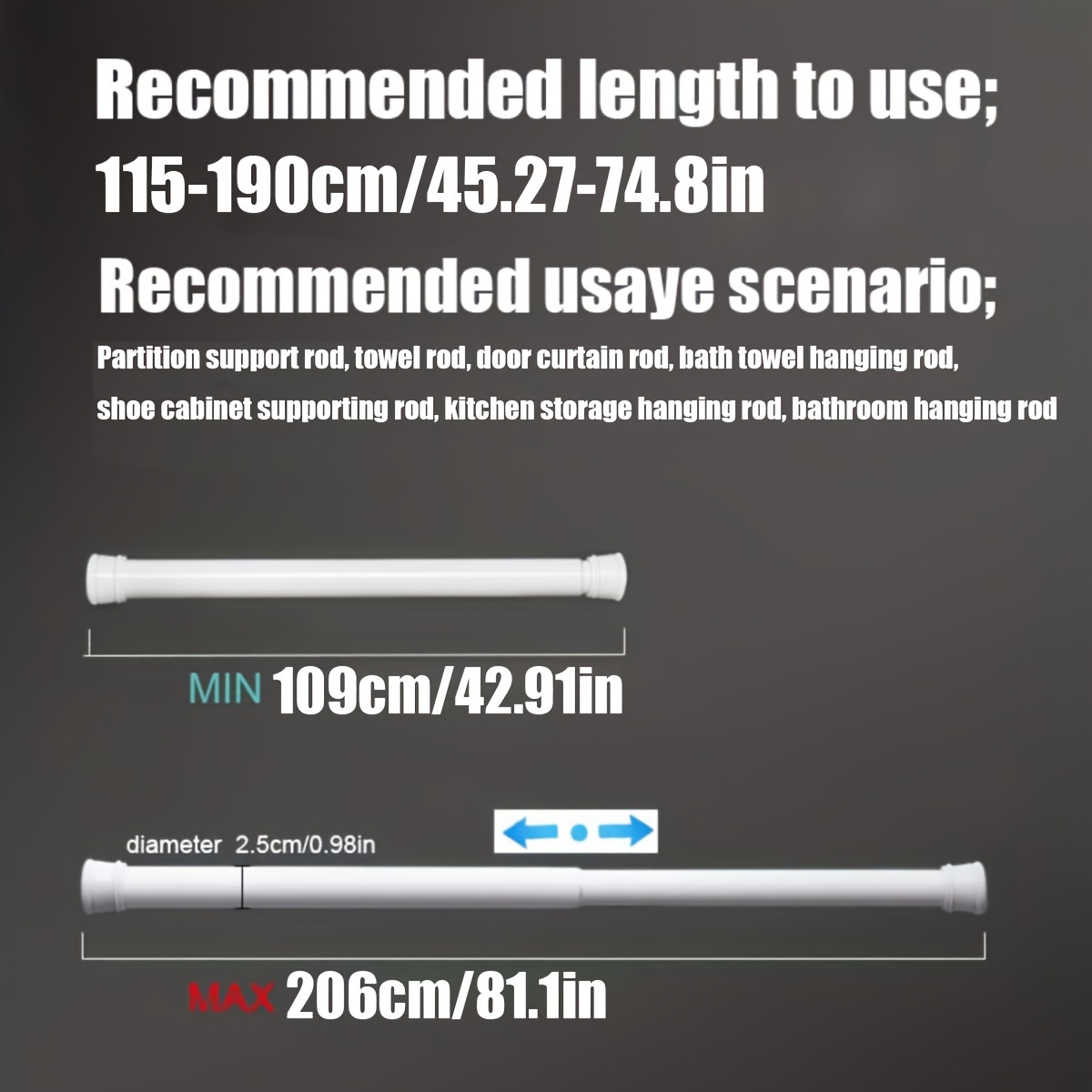 TEMU Shipping, 1pc, No-drill Tension Pole With Built-, Strong Load-bearing Capacity, Ideal For Use As A Shower Curtain Rod, Drying Rod, Curtain Rod,