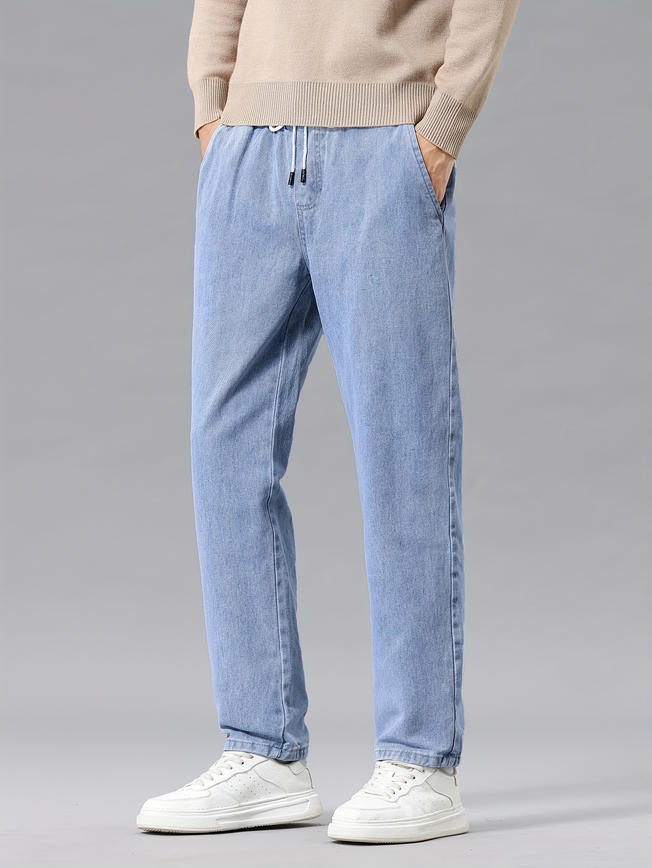 1pc Men'S Casual Washed Denim Jeans, Mid Waist Drawstring Waist, Non-Stretch Solid Color, Straight Leg, Regular Fit, Woven Fabric, Weekend Casual Style, Spring/Fall Season, 9/10 Length Pants