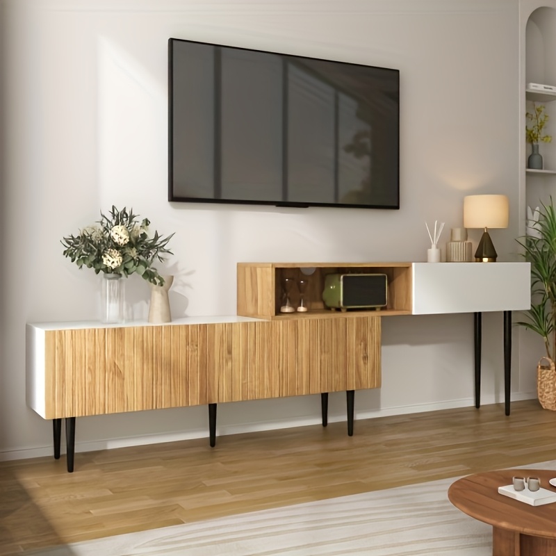 TV Cabinet, Adjustable Length, Modular Two-piece Design, Black Metal Legs, Multifunctional Living Room Furniture