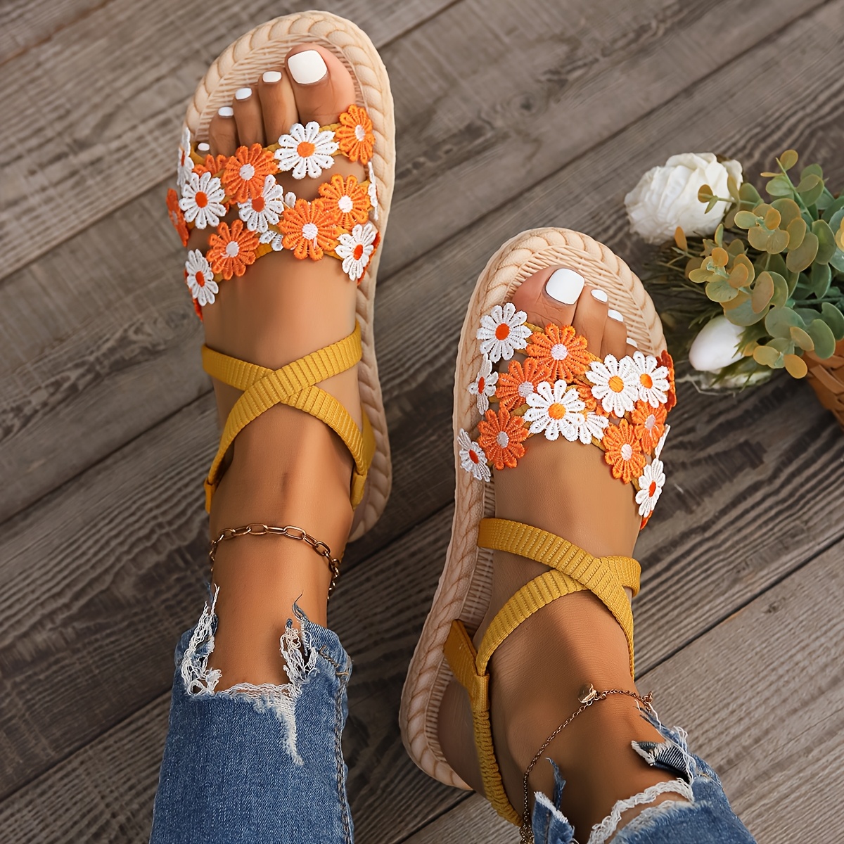 TEMU 1 par, sandalias estilo bohemio para mujer con estampado floral pequeño y colorido, sandalias de gruesa con correas tejidas amarillas y tacón de