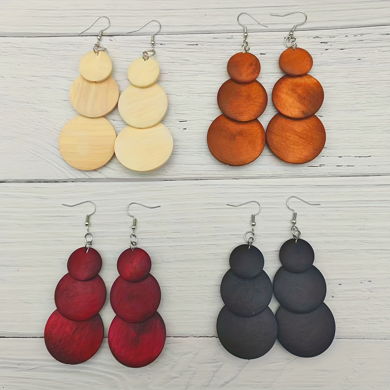 

Ensemble de 4 Paires de 3 Boucles d'Oreilles Cercle Couleurs Mélangées pour Filles, Boucles d'Oreilles Pendentif Design Rétro Élégant, Bijoux en Bois , Cadeau Féminin pour Automne et Hiver