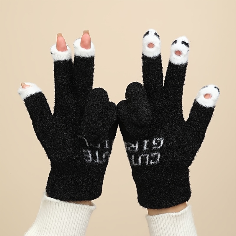 Image of Women's Winter Fingerless Gloves, Cute Outdoor Warm Gloves