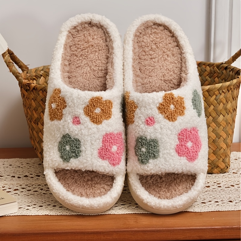 TEMU Colorful Three-color Sunflower Pattern Fluffy Plush Open-toe Slippers Fashion Embroidery Home Indoor Floor For Men And Women Lovers Autumn And