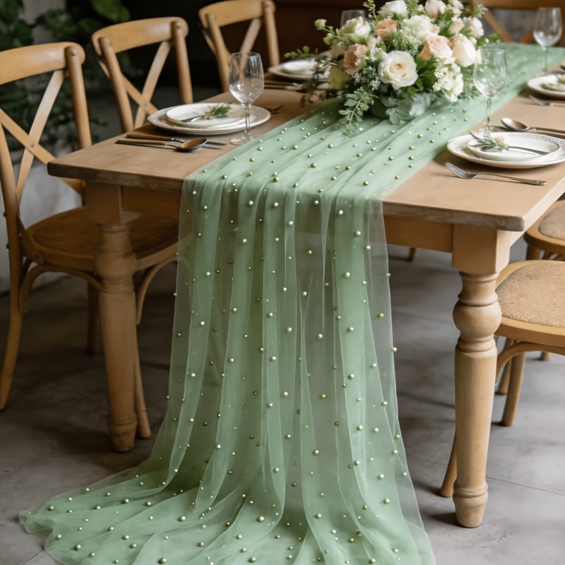 TEMU 1pc Sage Green Table Runner, Gentle Versatile And , Classic Exquisite Pearl Mesh Craft, Premium Fine Polyester Fabric. Skin-friendly Breathable