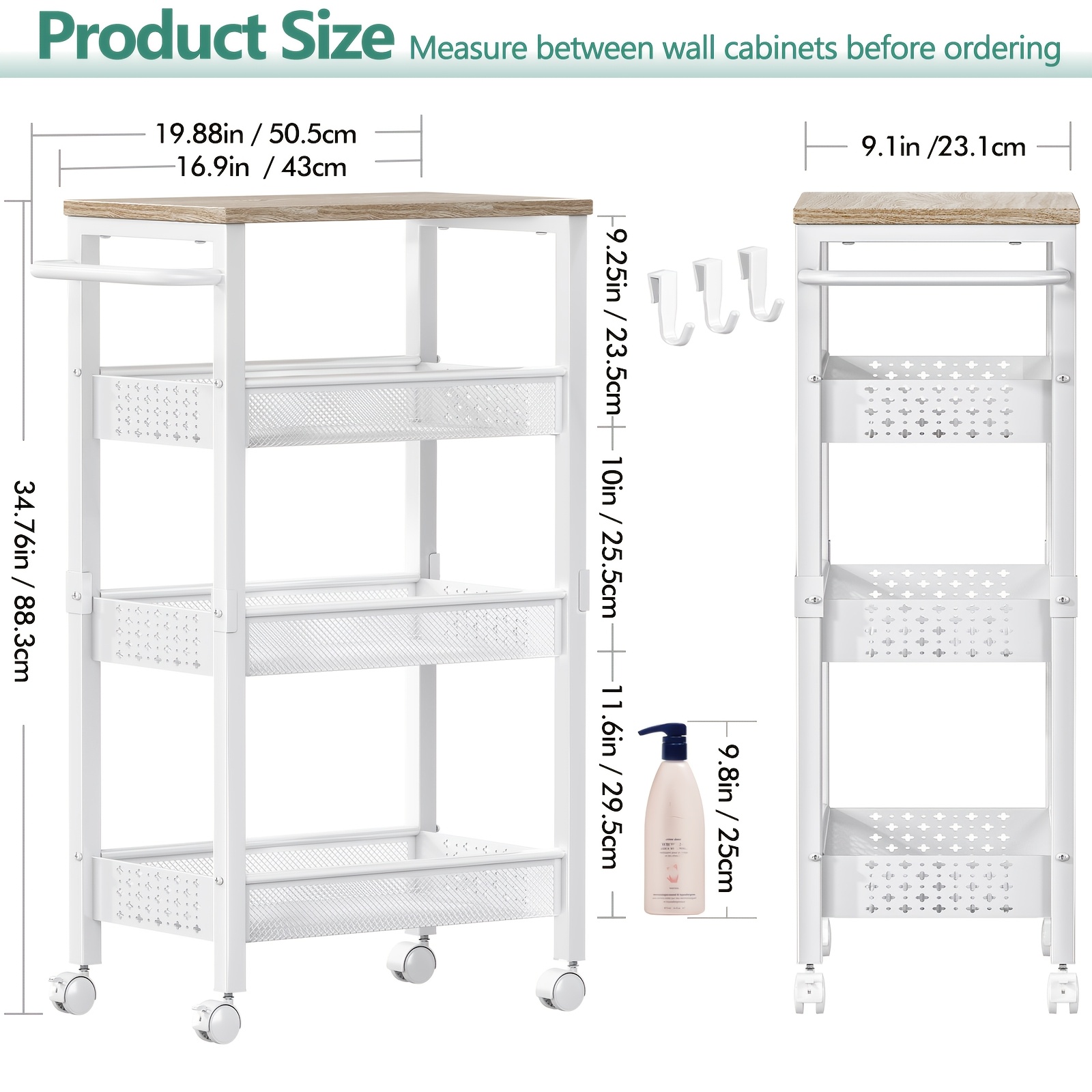 Image of 4-layer Rolling Storage Cart Shelves, Multi-functional Kitchen Bathroom Storage Trolley With Wooden Top And Hooks