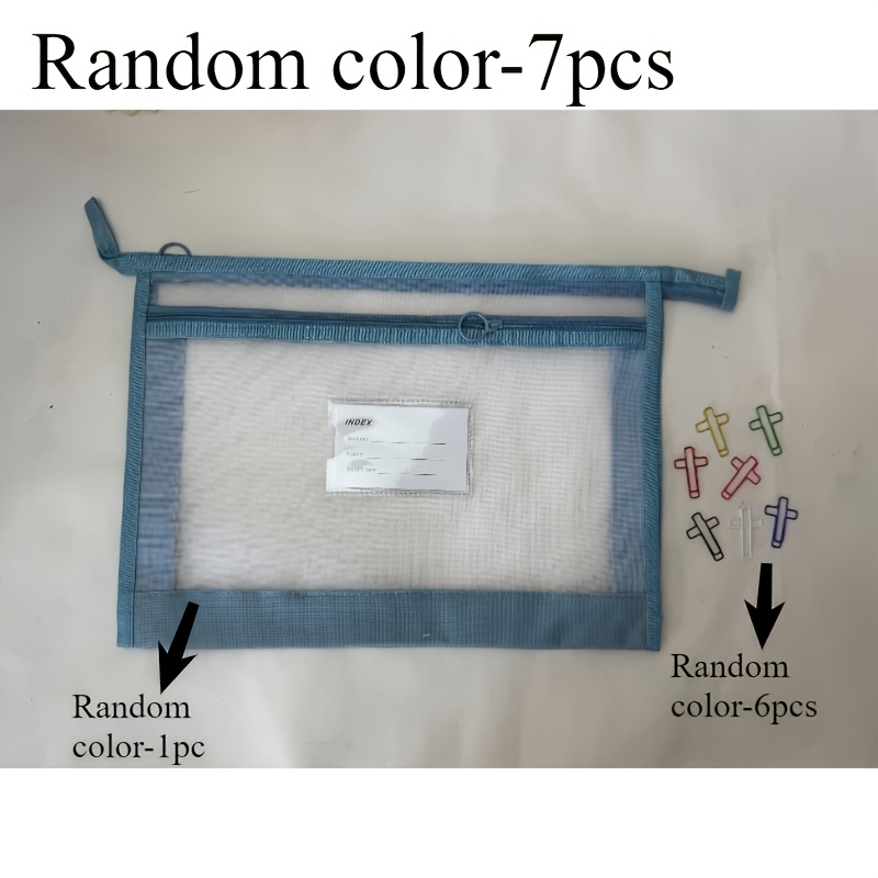 TEMU Juego de 7 bolsas de malla para almacenamiento con clips de papel - Bolsas de malla extragrandes A4 con clips de papel de cruz, transparentes y