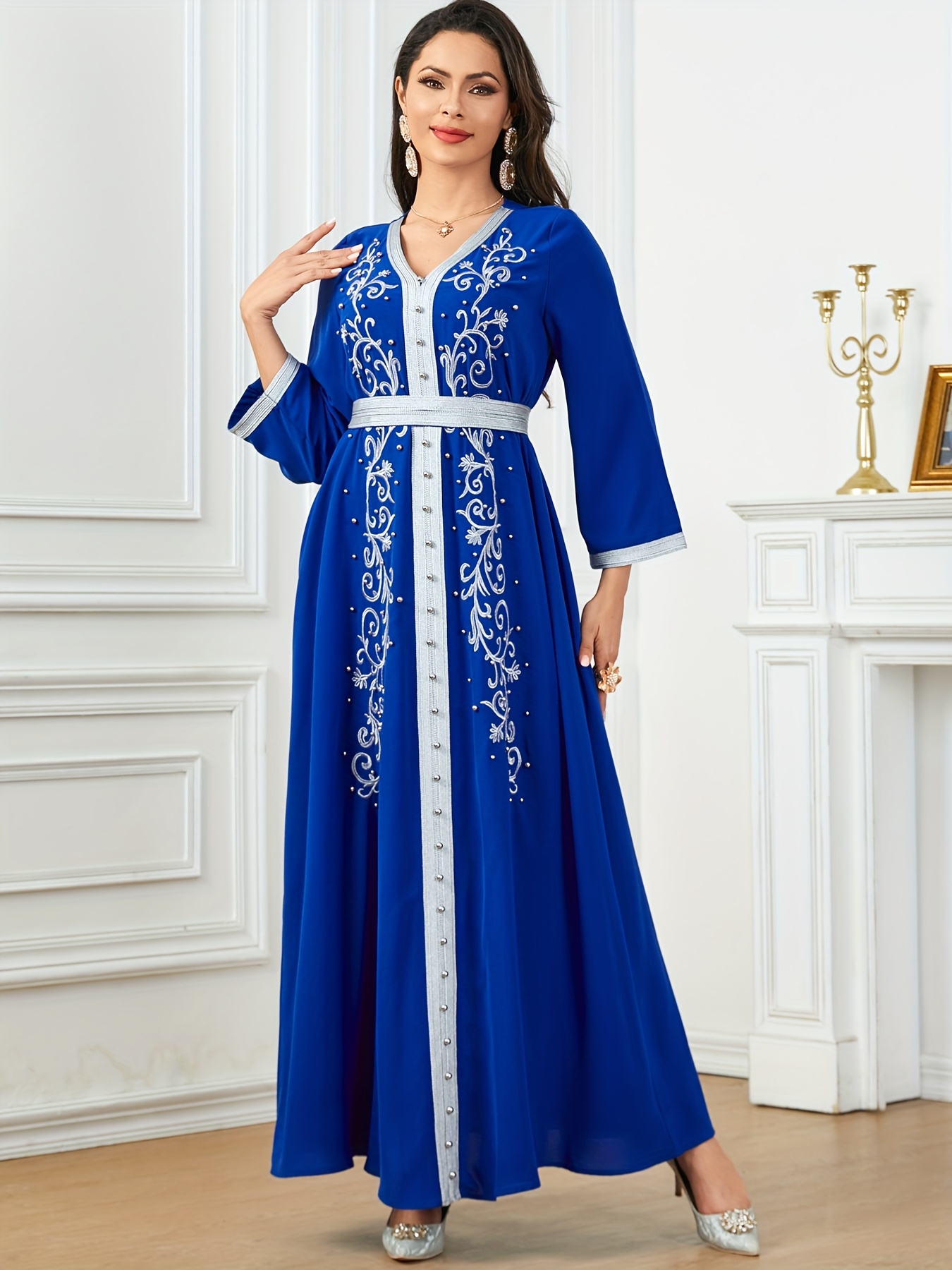 elegant beaded long sleeve robe dress - Temu Oman