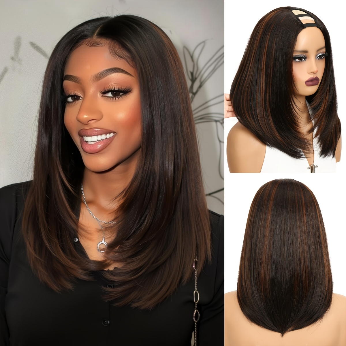 glueless layered u part wig highlight brown long straight layered wig v part light   wig for women heat resiatant synthetic long glueless wigs   part wigs for women no leave out v part wig clip in half wigs womens day