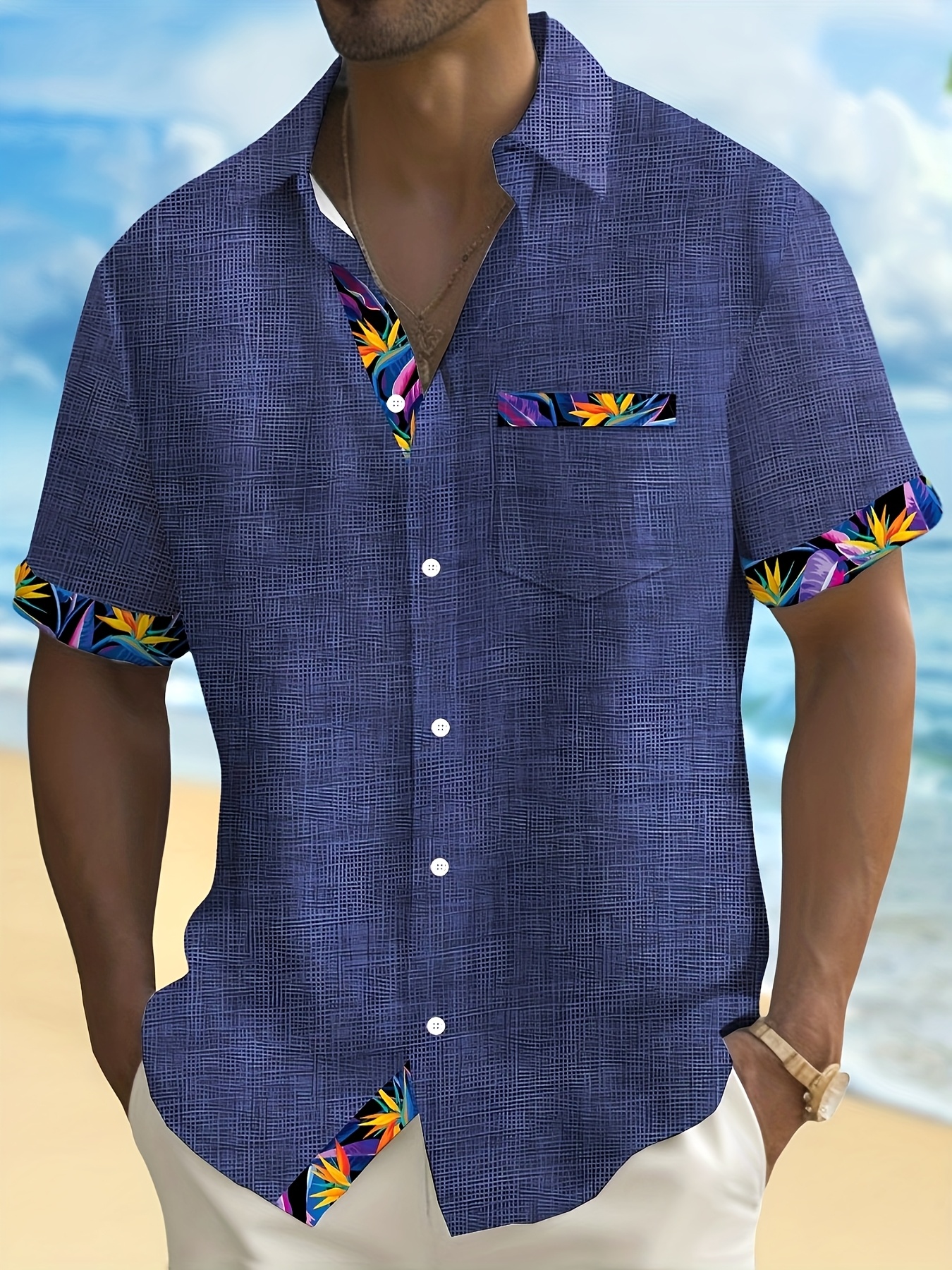 casual partial floral print mens button pocket short sleeve hawaiian shirt