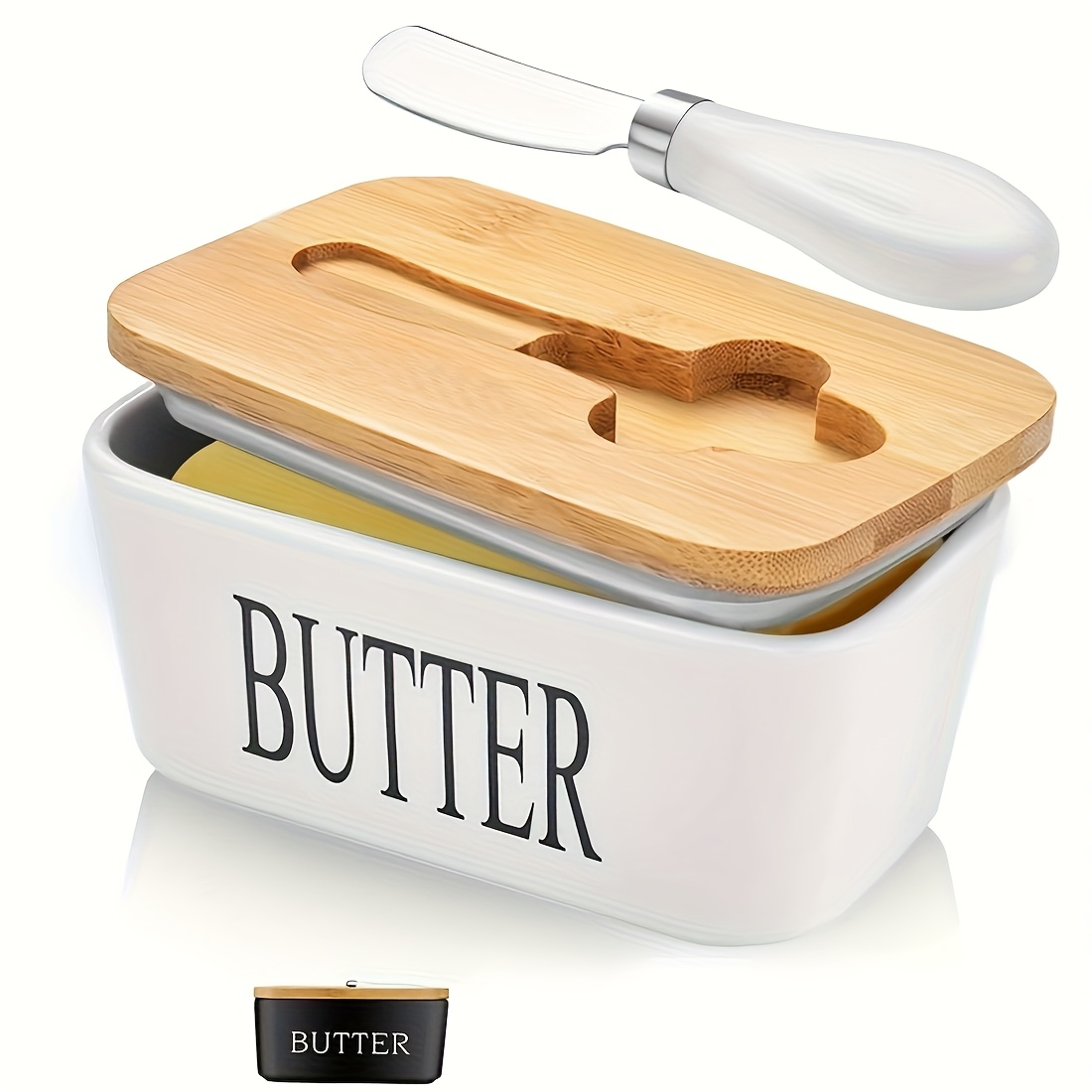 TEMU Porcelain Butter Dish With Bamboo Lid - Airtight Butter Keeper With Butter Knife, Countertop Butter Container For Butter - Classic White/black