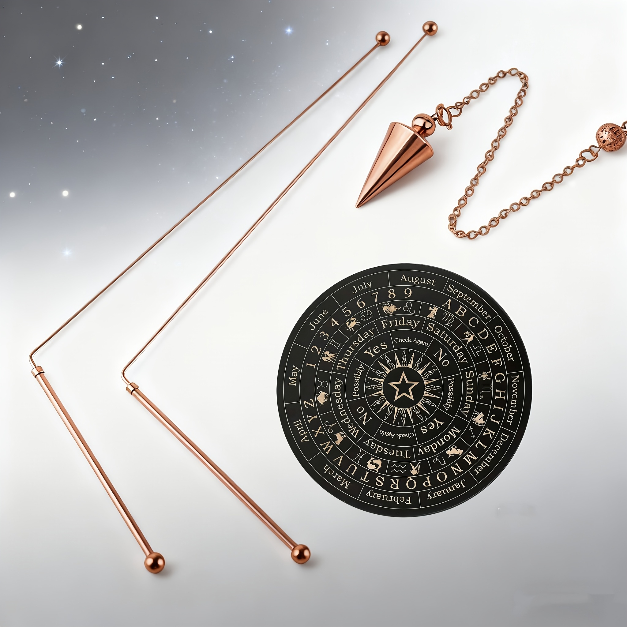 E-shop 4-teiliges Set aus 99,9 % Kupfer Wünschelruten – Spirituelles Pendelbrett-Set mit Matte, reines Kupferpendel reine Kupferstäbe zur Schatzsuche,