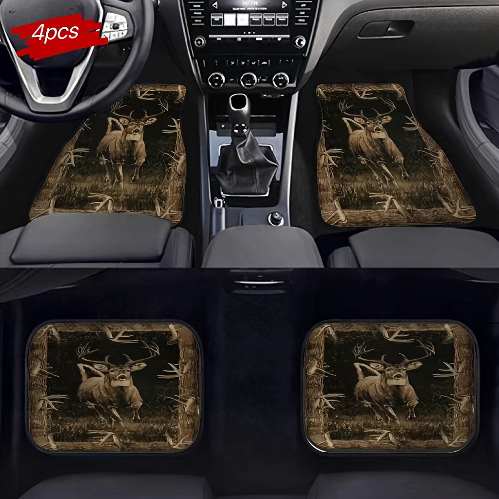 

Universal Fit Deer Print Car Floor Mats Set Of 4, Luxury Design, Polyester Material, Compatible With Most Cars, Trucks, , And Suvs - Interior Accessories