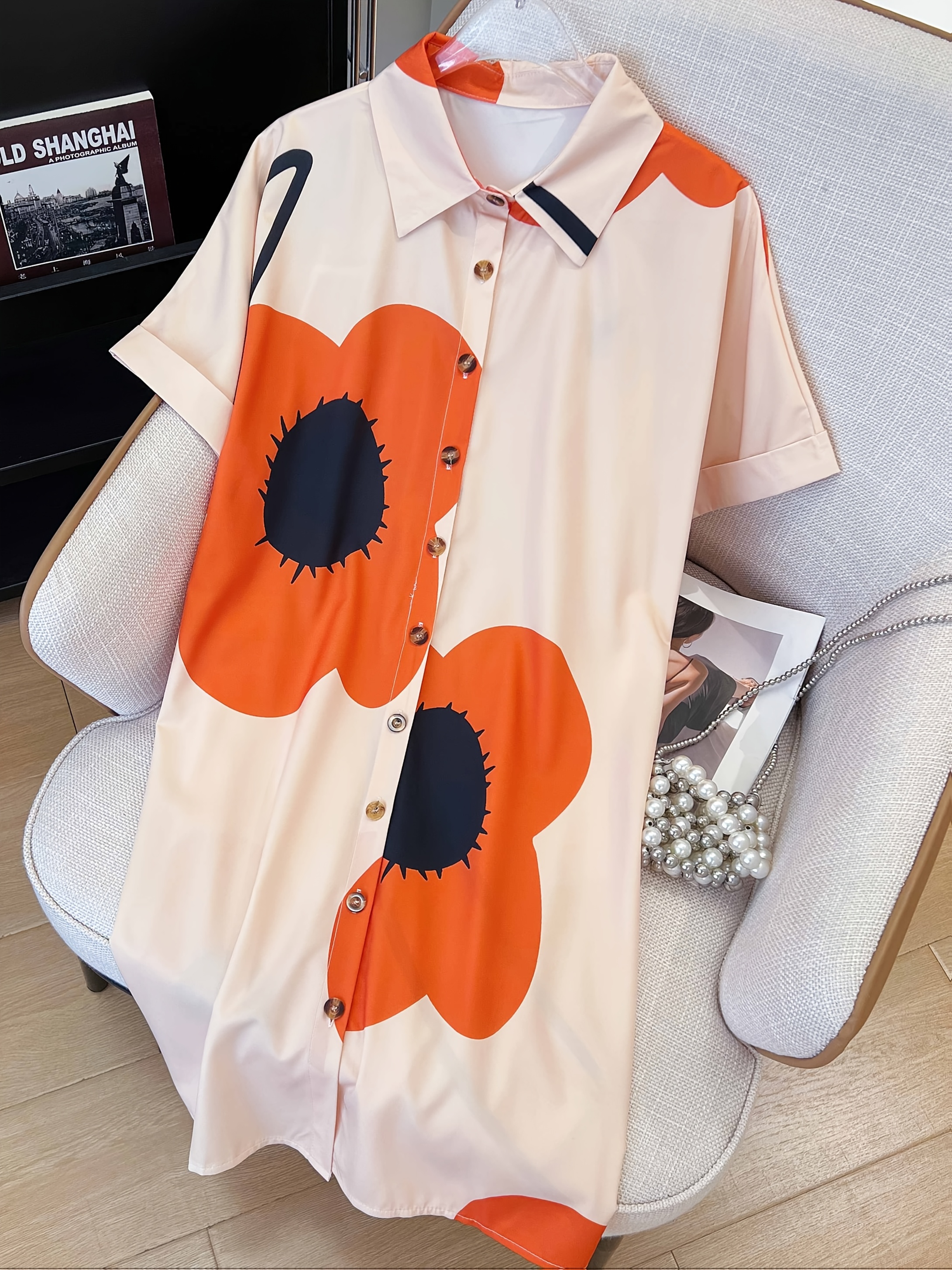 Women's Floral Print Shirt Dress - Orange & Black Contrast Button-Up Collar  Long Sleeve, Peach Background with White Piping Trim, Machine Washable  Semi-Sheer * Versatile Wear, Ladies Shirts And Tops