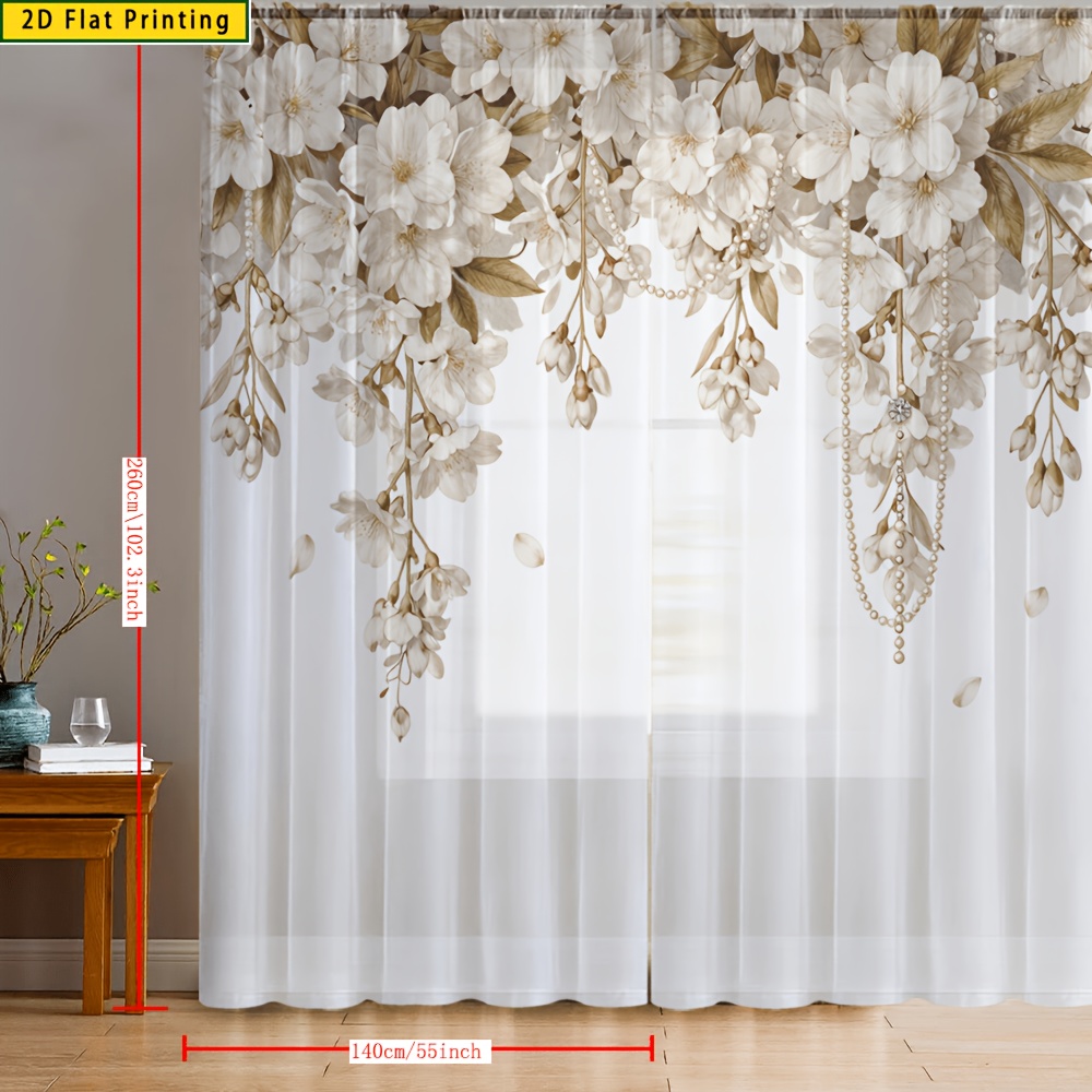 TEMU 2d Flat - 2d Flat - 2pcs 2d Flat Printing Cream-white Drooping Flowers, Bead Embellishment, Background, Fresh Elegant Printed Home Decor Sheer