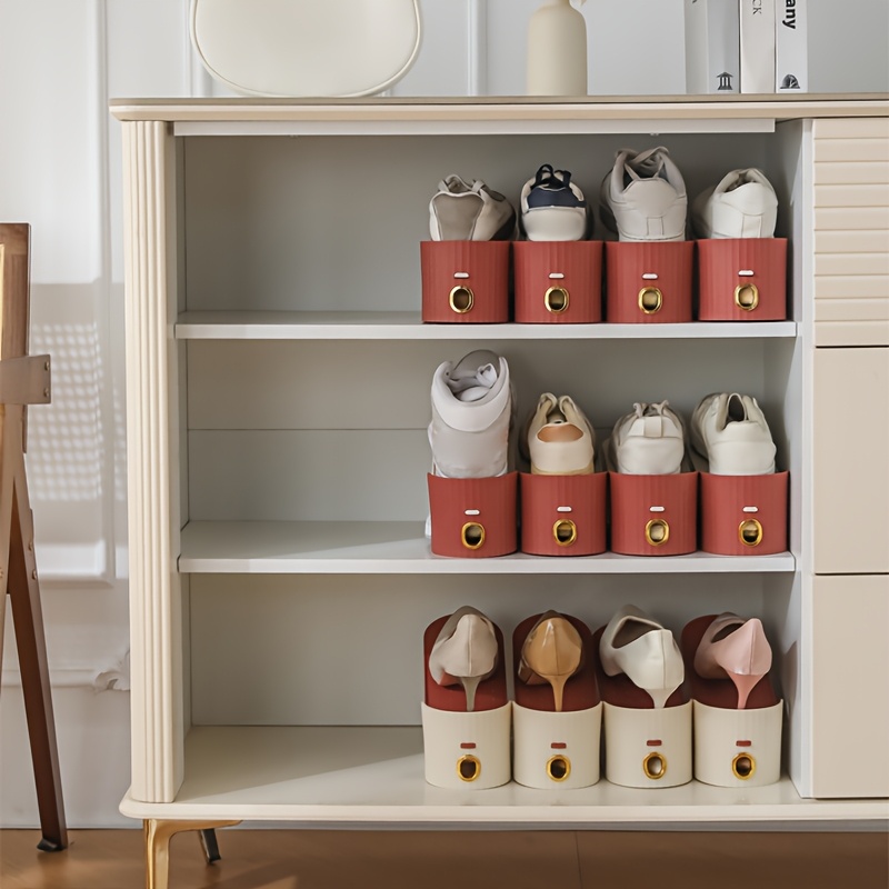 10pcs Shoe Rack, Vertical Stripe with Golden Ring. Stylish Color Scheme. Space-Saving, Solves Messy Issues, Fits All Kinds of Shoes. Foldable Splicing, Free Combination, Suitable For Living Room, Dormitory, Closet. Durable Pp Material