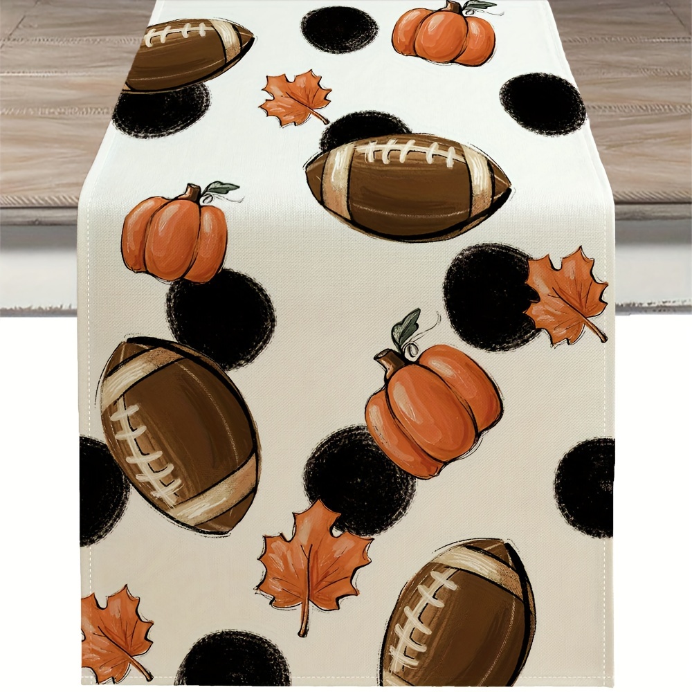 

Fall Football & Thanksgiving Table Runner - 13x72 Inch, Polyester, Maple Leaf & Pumpkin Design With Black Polka Dots For Family Reunions And Autumn Parties