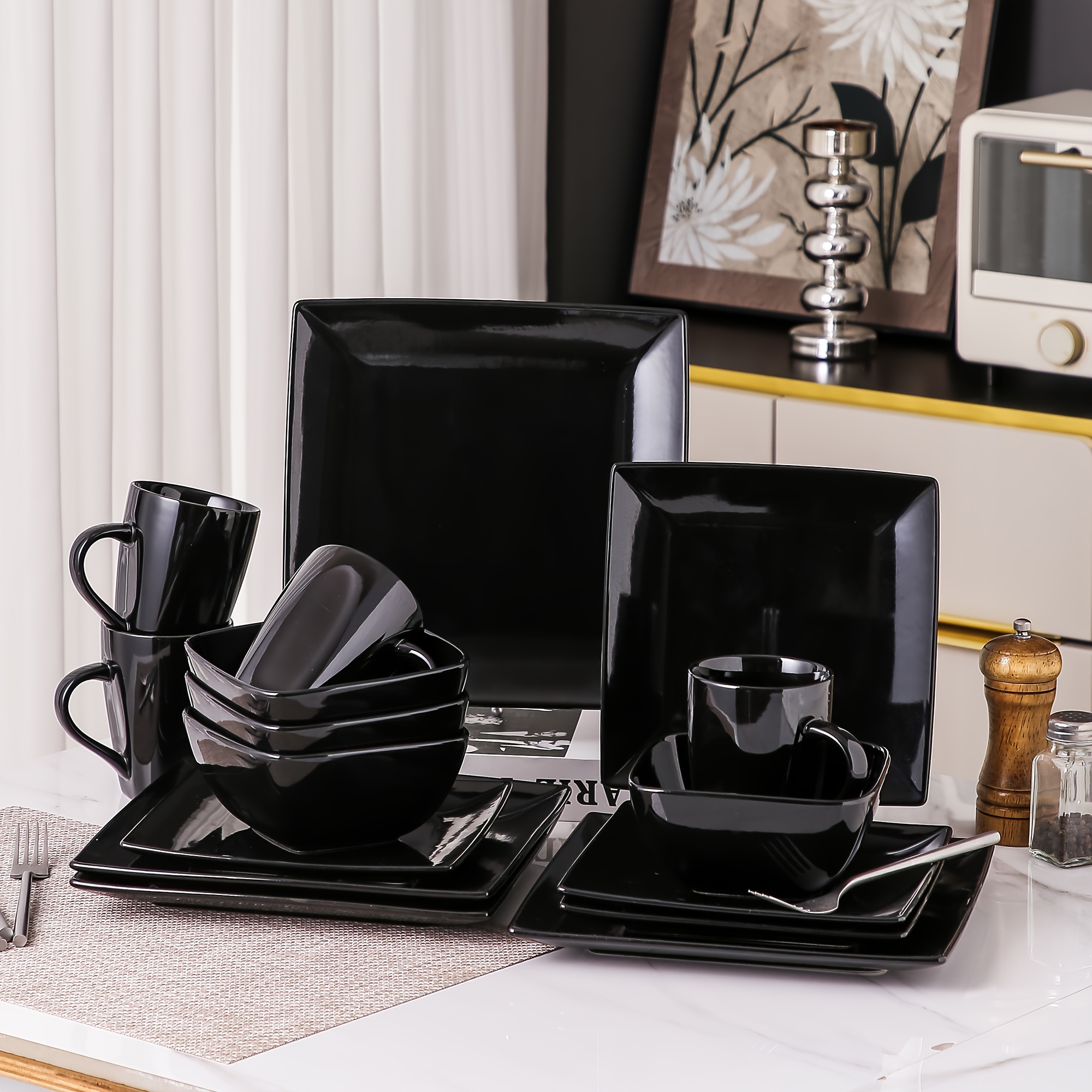 black dinner set plates bowls set dinner set 16pcs square Temu