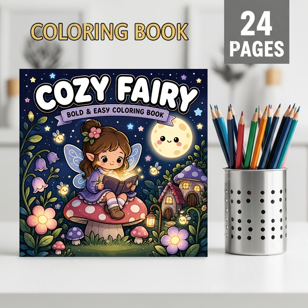 TEMU Cozy Coloring Book, Featuring Cute Fairies, Reading, Mushroom Houses, Moon And Firefly Forest Scenes, 24 Pages Of And Simple Lines, 120gsm Thick