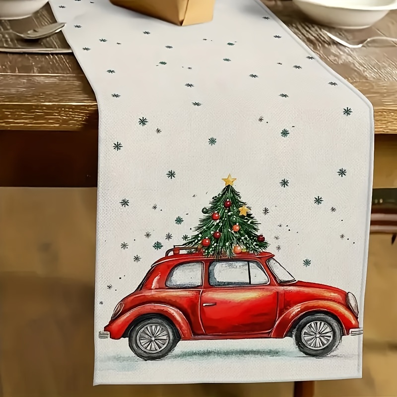 

Vintage & Tree Christmas Table Runner - Polyester, Rectangular Holiday Decor For Indoor/outdoor Use