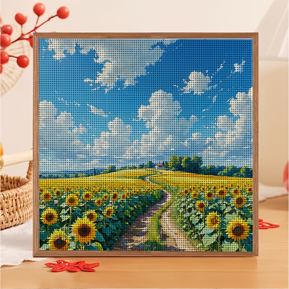 DIY Cross-Stitch Printed Kit, Sunflower Field Path and Blue Sky