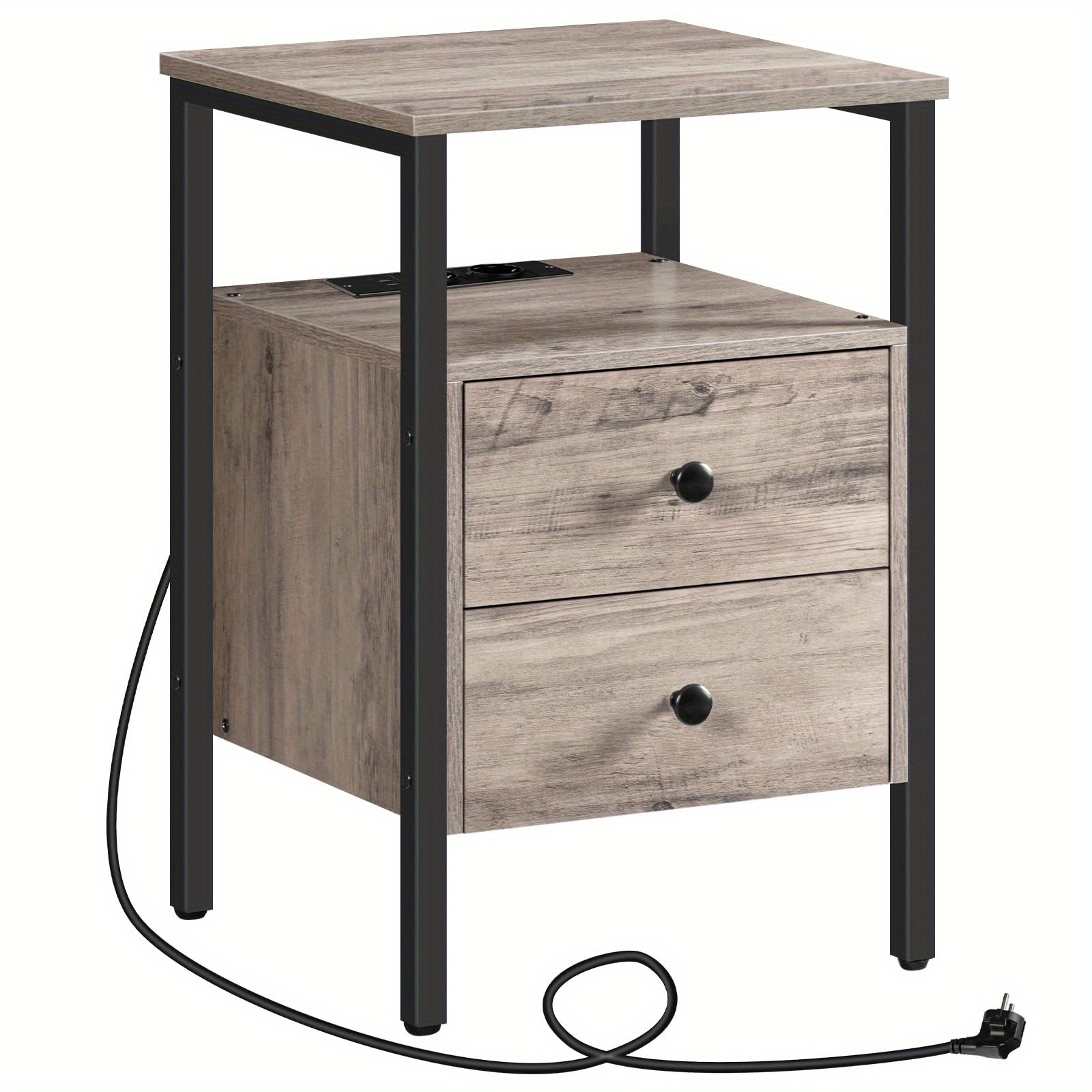 Image of Nightstand With Charging Station - Modern Side Table, Sofa Table With 2 Drawers And Usb Ports For Living Room And Bedroom - 40 X 40 X 61cm