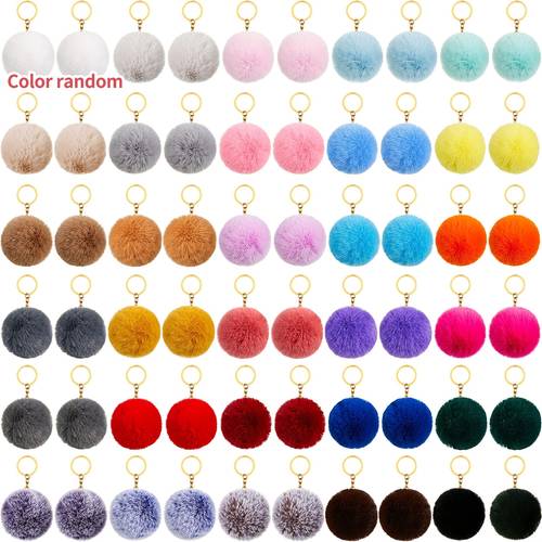60pcs colorful pom poms keychains fluffy keychain keyring christmas party gifts bulk pink backpack charms accessory for women for handbag tote bag pendant purse color random