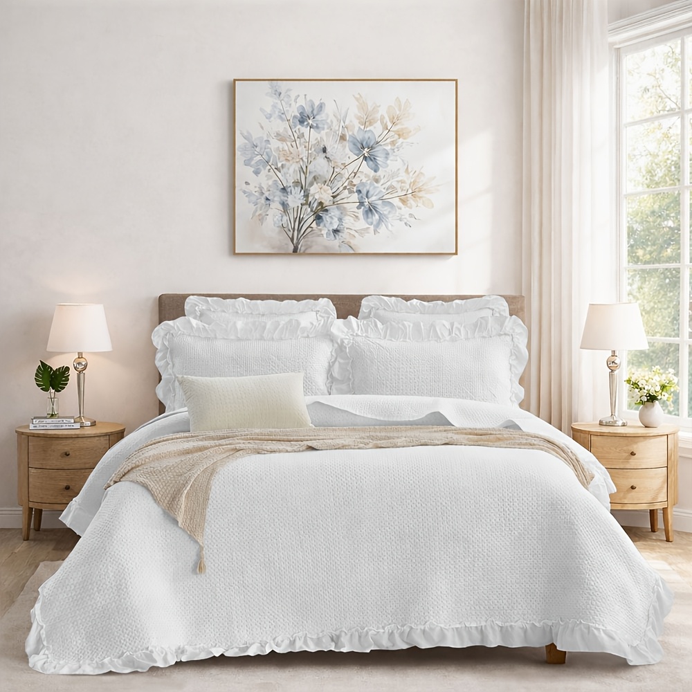 TEMU 1 Bedspread 2 Pillowcases | Latacaca Romantic Pure-colored Bedspread Set With Ruffles, Lightweight Coverlet For , Suitable For Bedroom Guest