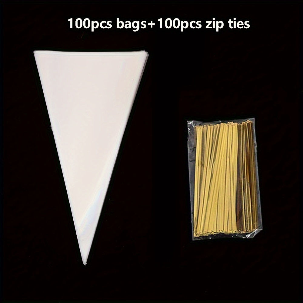 100pcs cone cellophane bags with 100 golden twist ties transparent plastic treat bags for candy popcorn marshmallows party favors gifts 0