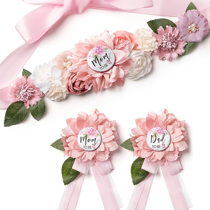 TEMU 3pcs Belts For Expectant Mothers, Pink Flower Belts And Badges, Maternity Belts And Corsage Sets For Mom And Dad, Belts, Suitable For Gender