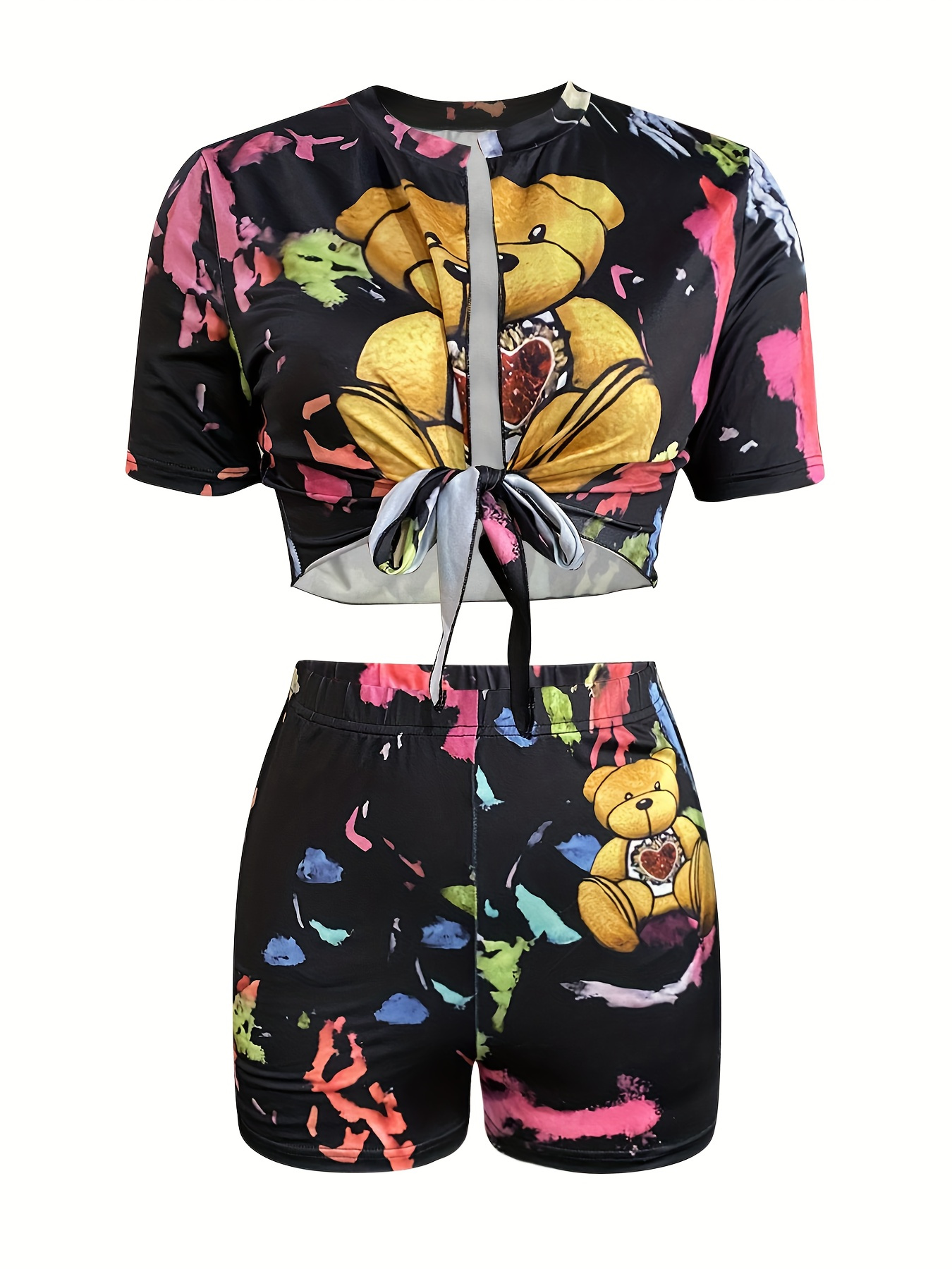 casual teddy bear print two pieces tied front short sleeve crop top high waist shorts outfits womens clothing details 5