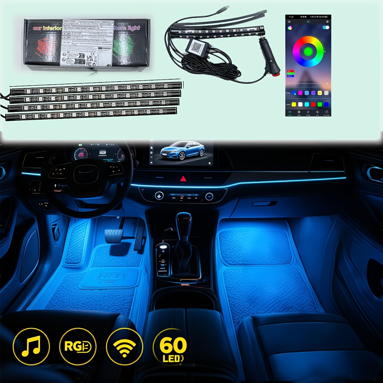 TEMU 1 Rgb Led Strip For Car Interiors, Smart App Control, Music Synchronization, 12v Ambient Lighting For Trucks, Suvs, And Sedans, Without Battery