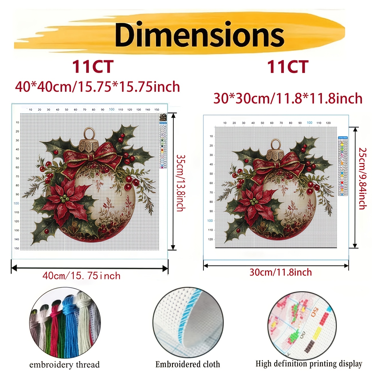 Cross Stitch Printed Kit, Christmas Ornament Red Bow Tie Berry Pattern