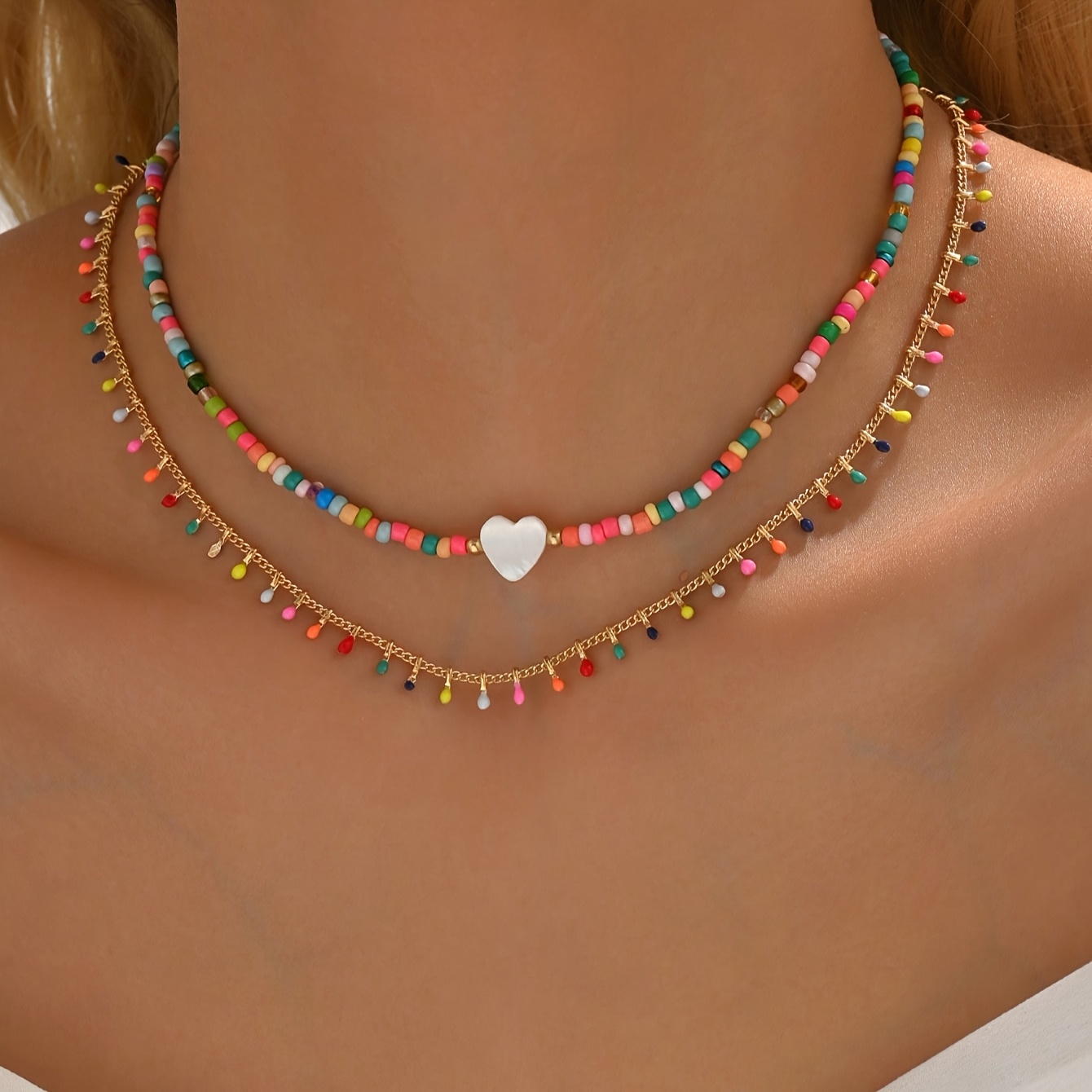 Image of 1pc Bohemian Summer Dopamine Color Beaded Necklace Necklace Exquisite Niche Sweet Necklace Elegant Love Clavicle Chain Women's Jewelry Gift