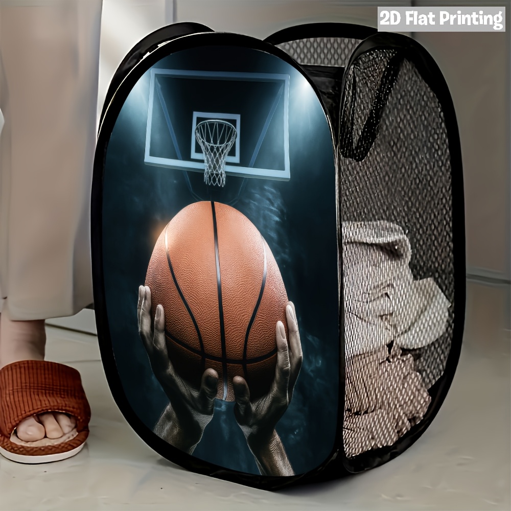 TEMU 1 panier à linge 2D avec des mains tenant un ballon de basket-ball au-dessus de l'anneau, solution de rangement pratique et