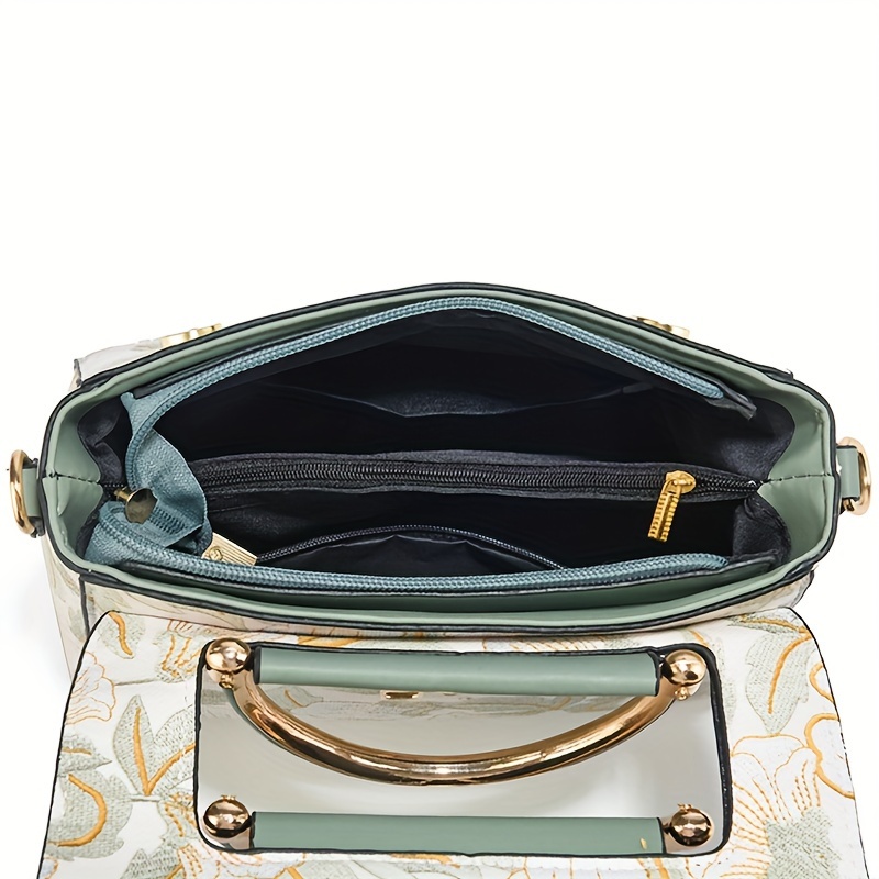 Floral Embroidered Crossbody Bag, Large Capacity with Zipper Closure, Polyester Lined, Versatile Commuter Handbag, Luxurious & Fashionable Design, Edge Paint Detail - Available in Black, Beige, Pink, Khaki, Green
