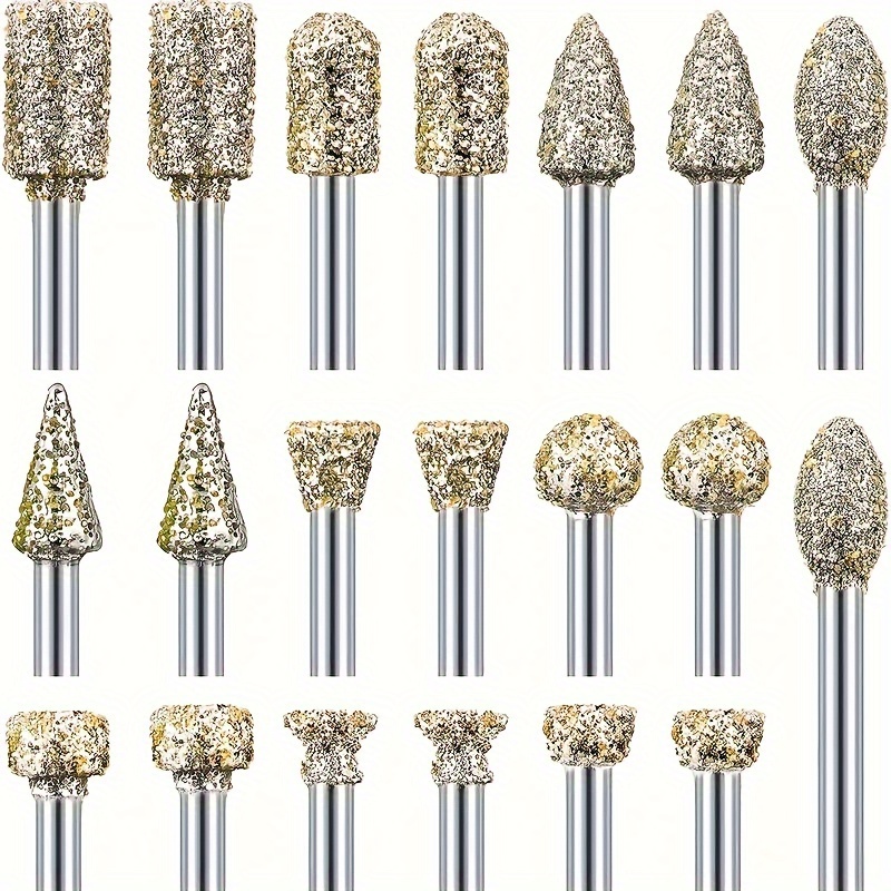 

20pcs Diamond Burr Set For Rotary Tools, 1/8" Shank Grinding Drill Bits, Multi-purpose For Stone Carving, Diy Grinding, Polishing, Engraving, 60# Grit Hardness, Increased Speed And Durability