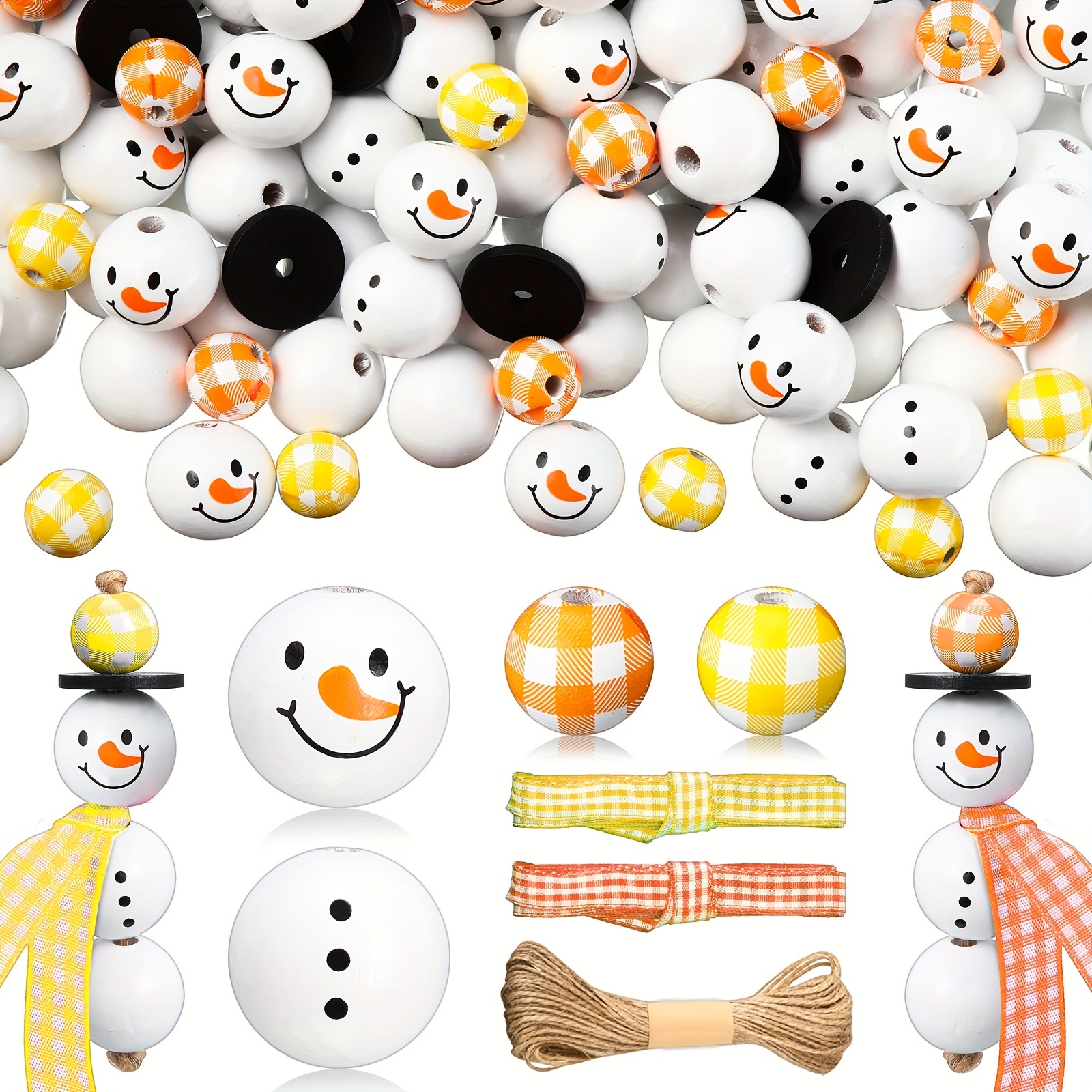 

180 Pieces Christmas Snowman Wooden Bead Winter Wooden Bead Christmas Buffalo Plaid Wood Round Bead Christmas Print Wooden Beads With Diy Twine Scarf Wooden Beads For Crafts