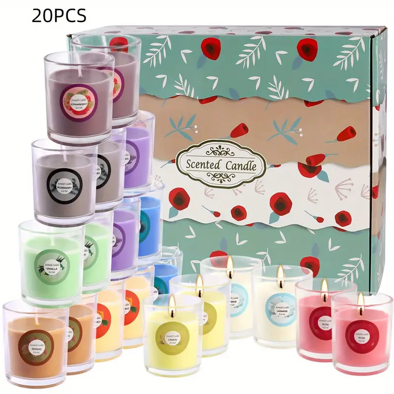 20pcs colorful glass candles scented burn handmade soy wax for home church romantic nights weddings parties seasonal celebrations emergency use decor ideal for christmas halloween easter thanksgiving valentines day mothers day teachers day memorial day hanukkah Product details 0