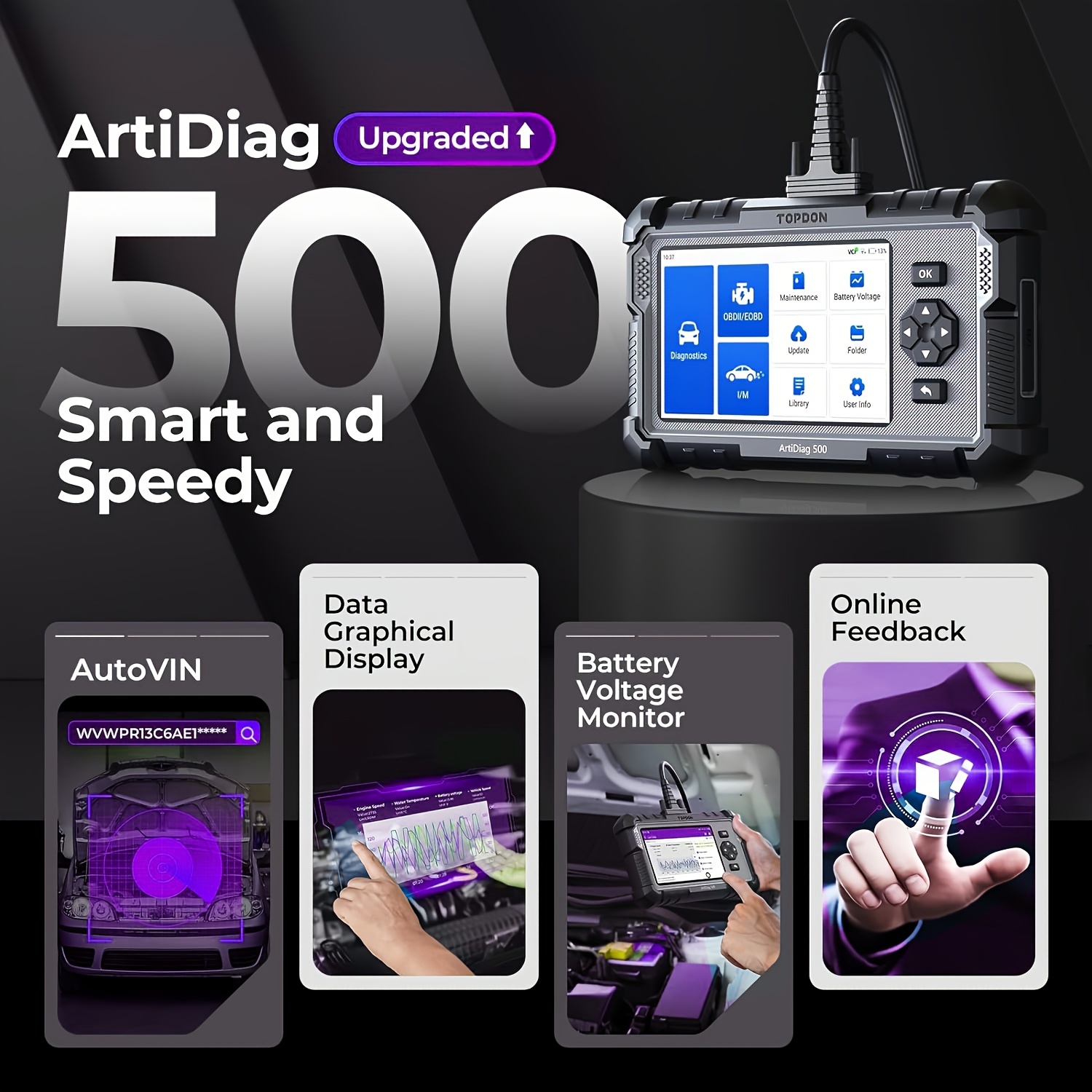 TOPDON AD500 OBD2 Scanner for Engine, ABS, SRS, And Transmission Diagnostics, Along with Oil/Throttle/Sas/Tpms/Bms/Epb Reset Capabilities, Car Scanner with Free Upgrades
