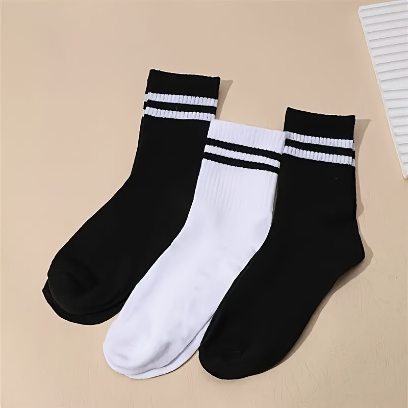 Black and White Striped Minimalist Style Sports Casual Socks (3/5 Pairs)