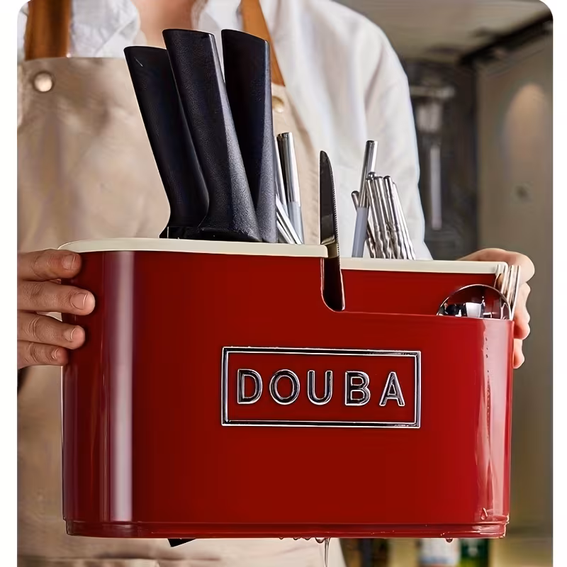 1pc red multi functional knife and cutlery organizer with drip tray countertop multi purpose utensil storage box and chopstick drainer insertable vertical fork and knife organizer storage box made of washable durable and plastic Product details 0