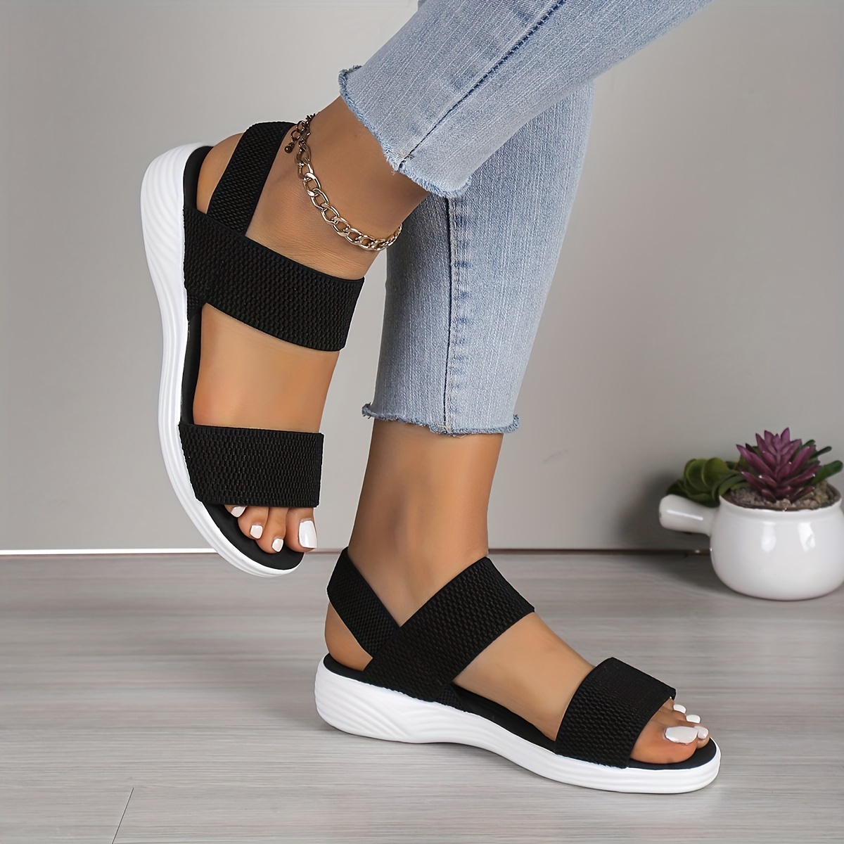 

Women's Solid Color Casual Sandals, Lightweight Flat Soft Sole Holiday Shoes, Summer Comfort Wedge Sandals