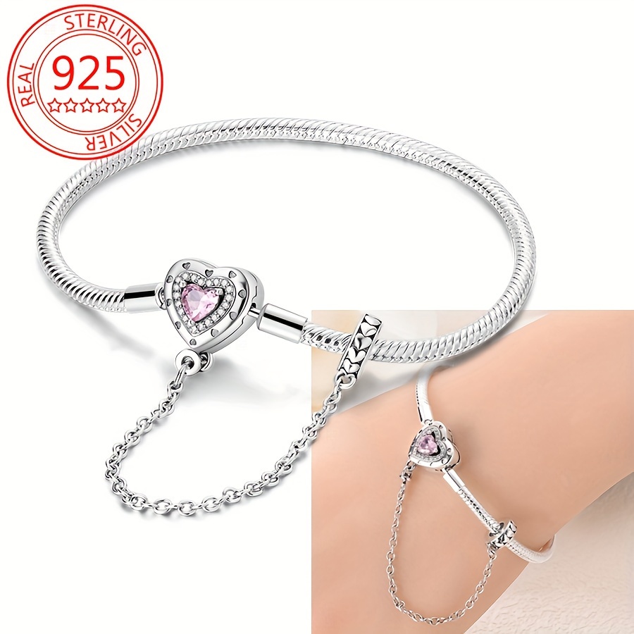 

925 Sterling Silver Women's Love Heart Zircon With Safety Chain 3mm Bracelet Snake Chain Fine Jewelry Gift