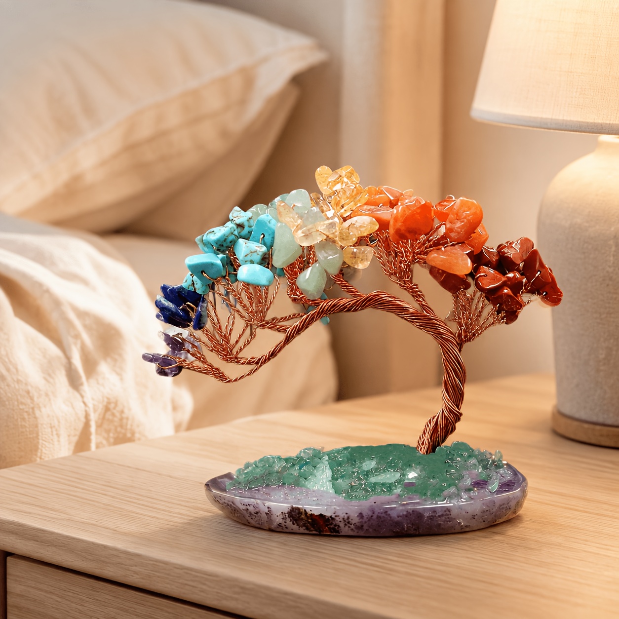 TEMU 1pc Of Chakras Colorful Natural Tree Ornament, Hand- Copper Wire In A Tree Of Life Bonsai Style, Featuring A Random Natural Stone Base. Suitable