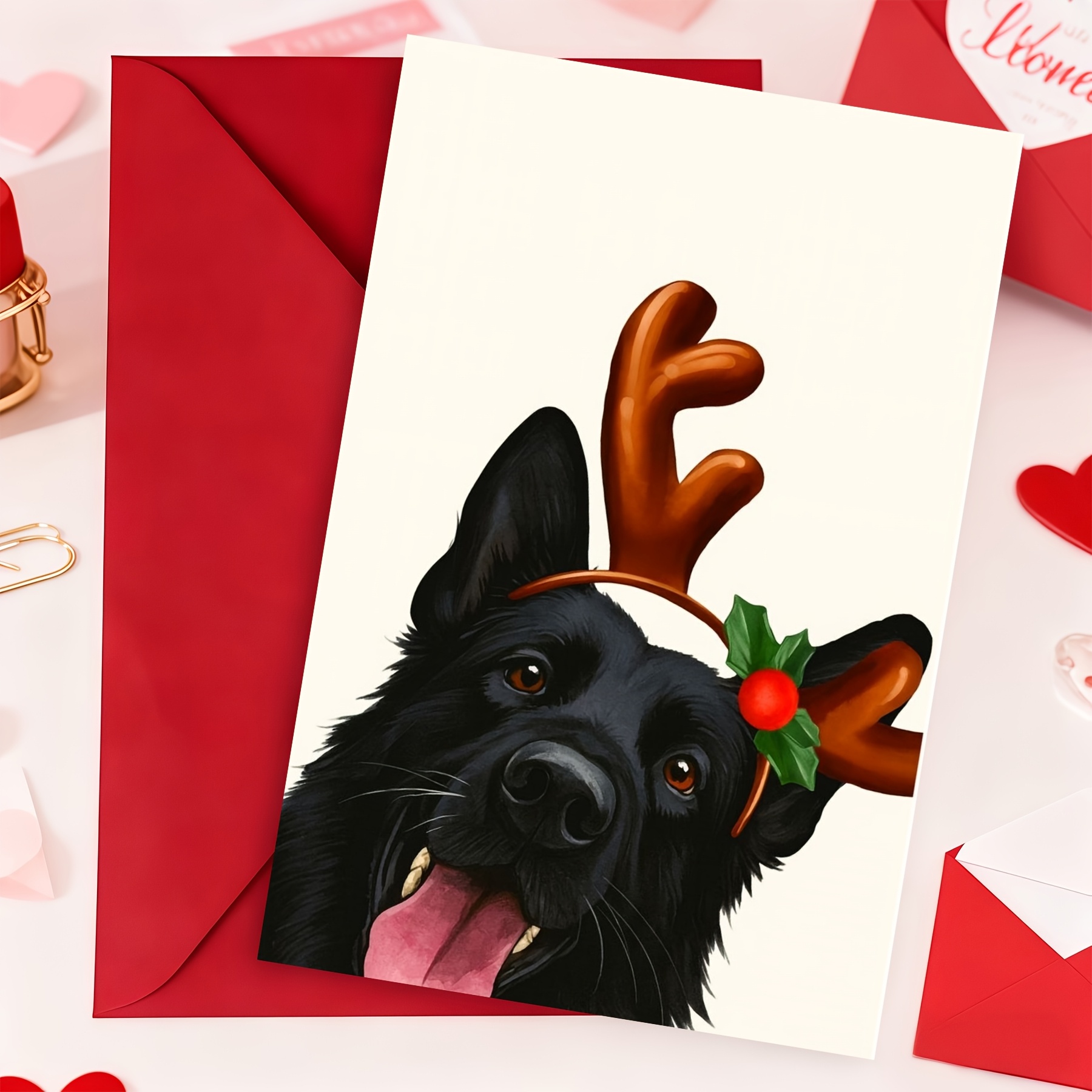 TEMU Pet-themed Christmas Card, Realistic Style Black German Shepherd Dog Wearing Deer Horn Headband And Holly Decoration, Suitable For Dog Lovers To